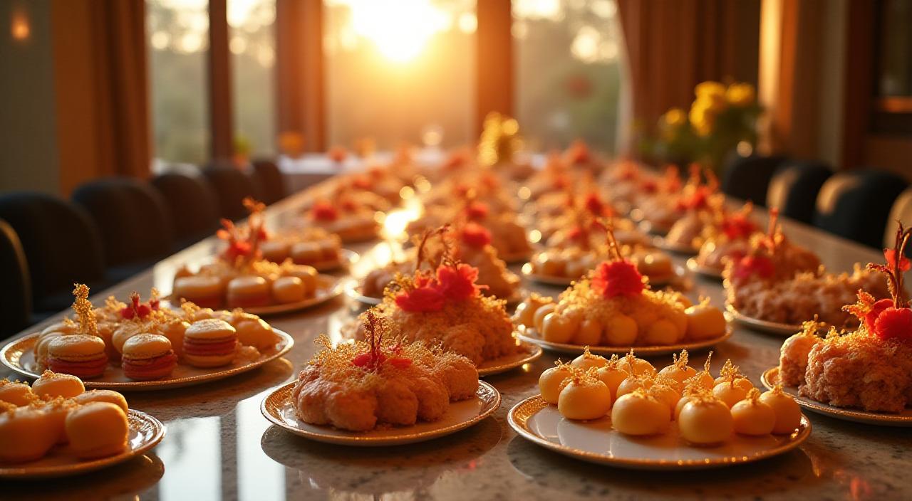 Tavolo imperiale di dolci fusion con decorazioni dorate e fiori freschi