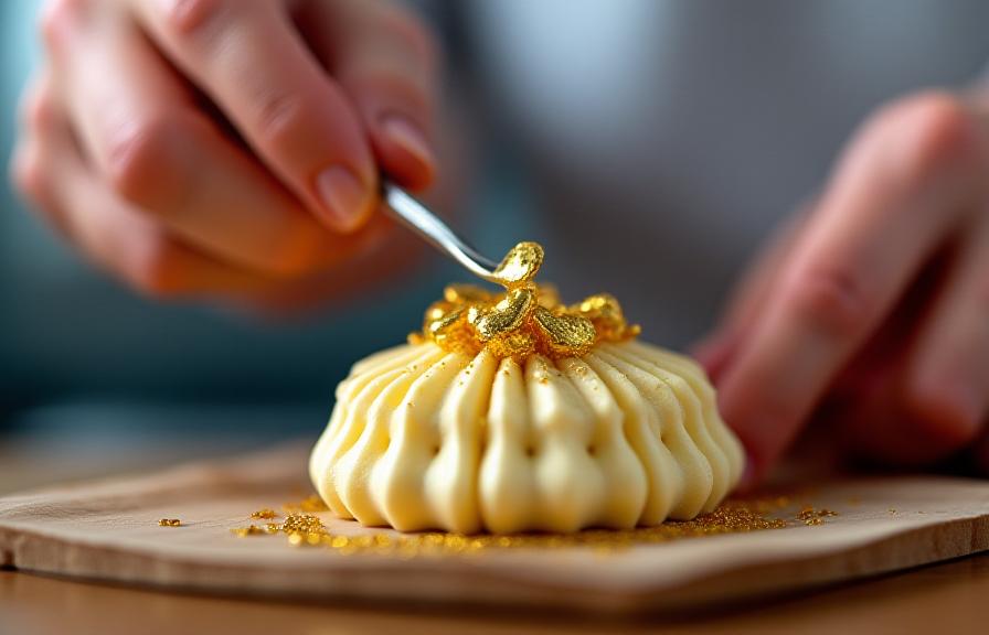 Pasticcere che decora con precisione un dolce fusion con oro edibile